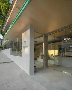 Modern storefront with glass and concrete elements