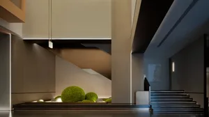 A modern lobby with concrete walls and minimalist decor.