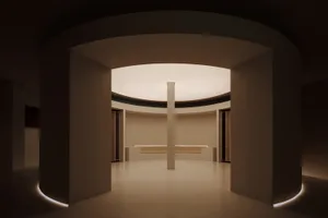 Modern minimalist lounge area with concrete walls and flooring.