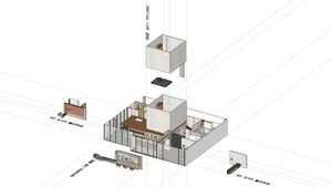 3D rendering of a modern office interior featuring concrete and glass materials.