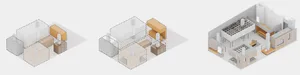 A 3D architectural model rendered in shades of concrete, wood, and glass.