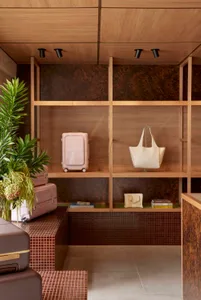 Modern entryway featuring wooden shelves, suitcases, and a green plant.