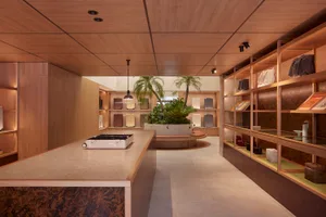 An industrial retail space featuring wooden accents and a central display area with a palm tree and products.