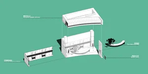 A 3D rendering of a modern office space featuring a cube-shaped room with windows.