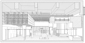 Modern retail space with wooden shelves, metallic railings, and glass walls.