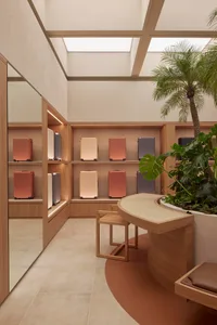 A minimalist retail store featuring wood interiors and a modern design, showcasing sleek suitcases in various colors.