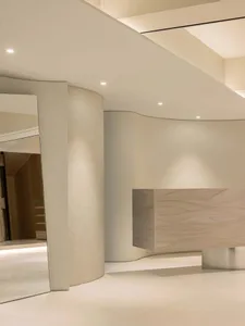 A sleek, modern lobby with marble finishes.