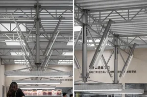 Industrial-style interior design featuring metal ceiling system with geometric structural support beams and linear lighting f