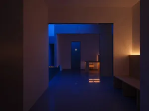 A minimalist interior with terrazzo flooring and wooden furniture, featuring a closed door.