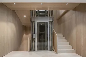 Modern luxury residential entryway featuring wood, glass, and concrete materials.