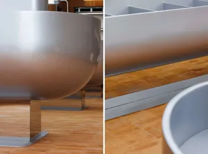 A modern metal bench with a sleek, curved design