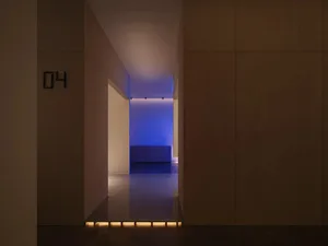 A minimalist hallway with modern lighting fixtures, clean lines, and wood walls.
