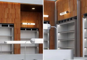 Modern retail store interior featuring metallic shelving units against a wooden wall.