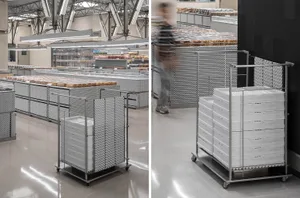 Retail store display cart featuring metallic perforated panels