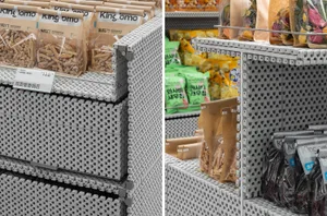 Retail store shelves made of plastic material.