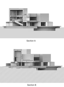 Cross-sectional view of a modern greenhouse made of concrete, featuring a large window and a green roof.