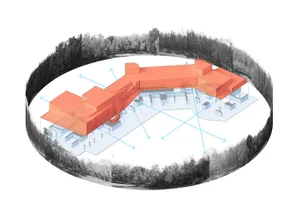 An architectural plan of a modern building constructed using concrete materials, surrounded by a wooded area.