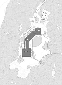 A detailed diagram of a modern architectural layout with labeled rooms and pathways.