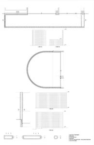 Detailed technical drawing of a modern interior design featuring concrete, metal, and tile materials.