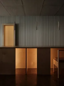 Minimalist residential space showcasing wooden cabinets, concrete ceiling, and illuminated wooden walls.