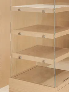 A minimalist shelf with wooden shelves on a glass front.