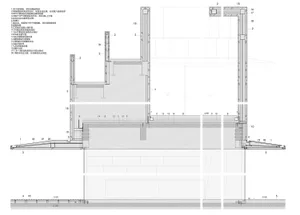 A detailed technical drawing of the interior design of a modern office space with metal structures, glass partitions, concret