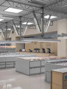 金屬材質的零售美食廣場，採用俐落工業風設計。