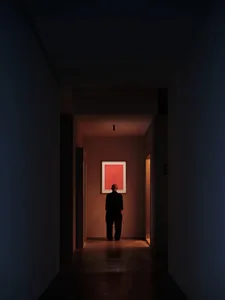 A man standing in a dark hallway, looking at a bright red painting illuminated by a single light source.