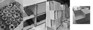 Stacked images showcasing modern metal armchairs in an industrial setting.