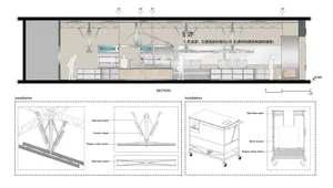 Cross-sectional view of a market retail storefront with metal frame structure and signage.