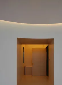 A minimalist, modern interior space featuring wood panel walls and a single door with ambient lighting.
