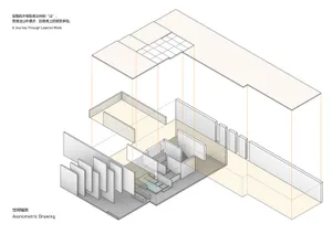 Axonometric drawing of an interior design with layered walls.