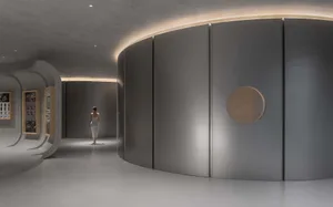 A minimalist commercial interior showcases sleek, modern features with concrete walls and flooring.