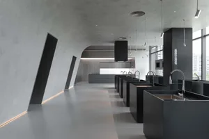 The interior of a modern furniture shop showcasing contemporary black metal furniture.