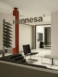 Modern interior design featuring metal furniture and decor.