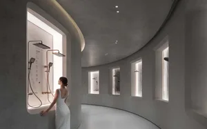 A modern showroom displaying various shower heads and fixtures.