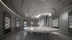A modern, minimalist showroom featuring metallic, glass, and concrete materials, showcasing advanced technology products.