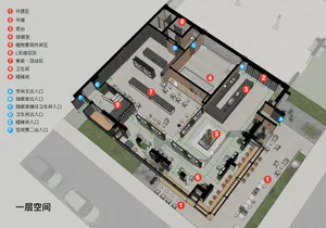 A floor plan of a modern coffee shop with various functional zones and a clear layout.
