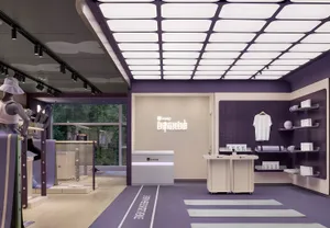 A minimalistic fitness center with purple materials and a modern design.