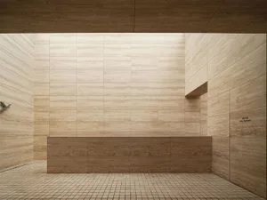 Modern bathroom interior with concrete tiles, minimalist design