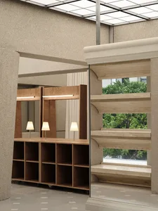 A modern commercial display space featuring wooden shelves and wooden accents, illuminated by white lamps.