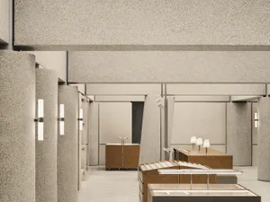 Modern interior space with concrete walls and floors.