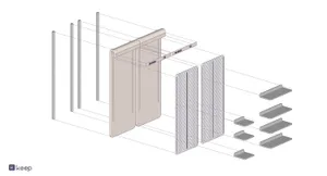 A modern interior design featuring metallic framed shelves and panels.