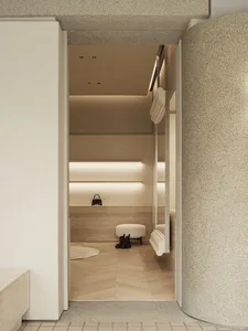 Modern retail storefront with concrete walls and minimalist design.