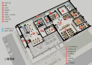 Detailed office space layout with various functional areas labeled and identified.