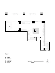 A minimalist office space plan showing various areas like counter, coffee bar, warehouse, fitting room, and restroom.