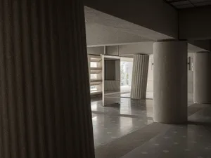 A modern, minimalist corporate interior with textured concrete columns and floors.