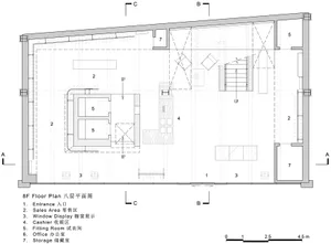 A detailed floor plan of an office space with various designated zones such as sales area, cashier, fitting room, office, and