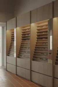 A wooden glasses display unit with shelves.