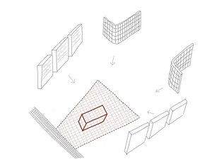 一幅帶有細線條的詳細建築外觀插圖。